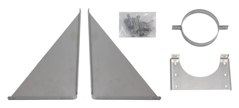 Edelstahlkonsolen für die Wandmontage, geeignet für Brennwerttechnik. Enthält zwei Haltebleche, eine Befestigungsplatte, einen Ring und Montageschrauben. Marke Vaillant.